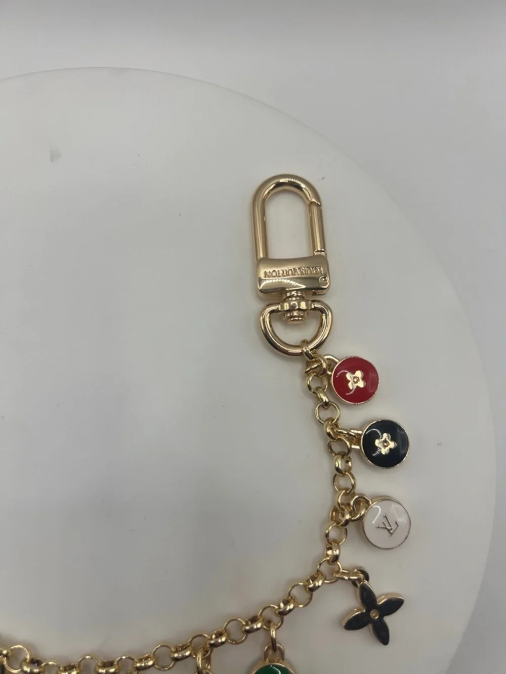 1417. Gold Tone Bag Chain with Multicolor Enamel Skittles. 12”